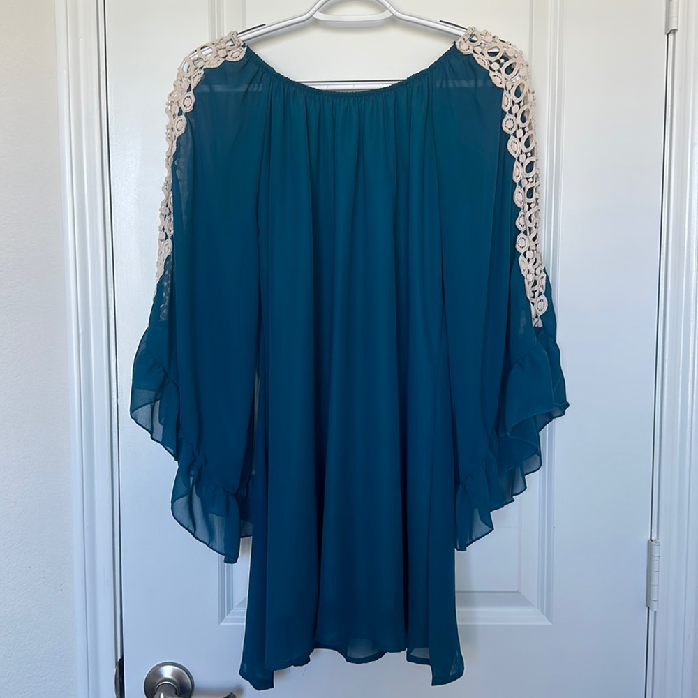 Teal Bell Sleeve Crochet Lace Insert Tunic